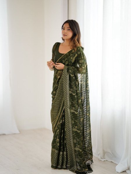 Mahendi Green Georgette Saree with Foil Work and Lace Border Elegant Look  Sarees 