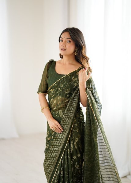 Mahendi Green Georgette Saree with Foil Work and Lace Border Elegant Look  Georgette Sarees Wholesale