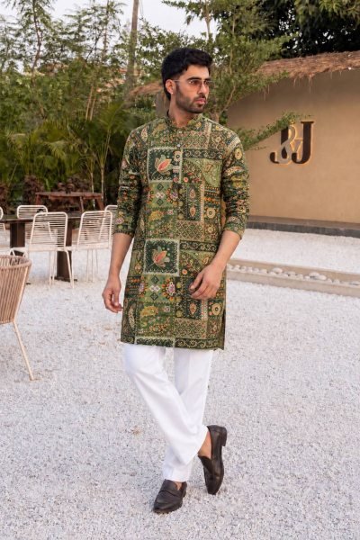 Mahendi Green Heavy Crepe Men’s Kurta with Golden Thread Embroidery For Festival Kurta Pajama Wholesale