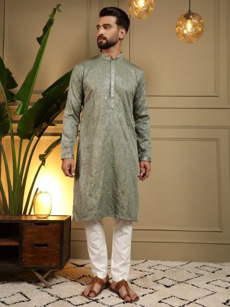 Mahendi Green Heavy Khadi Cotton Embroidered Mirror Work Kurta Pyjama Set for Men 