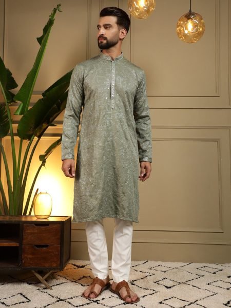 Mahendi Green Heavy Khadi Cotton Embroidered Mirror Work Kurta Pyjama Set for Men Kurta Pajama Wholesale