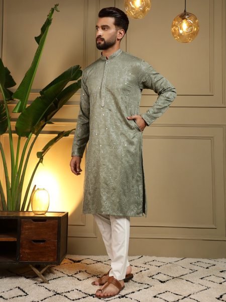 Mahendi Green Heavy Khadi Cotton Embroidered Mirror Work Kurta Pyjama Set for Men Kurta Pajama Wholesale