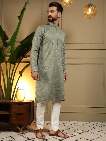 Mahendi Green Heavy Khadi Cotton Embroidered Mirror Work Kurta Pyjama Set for Men Kurta Pajama Wholesale