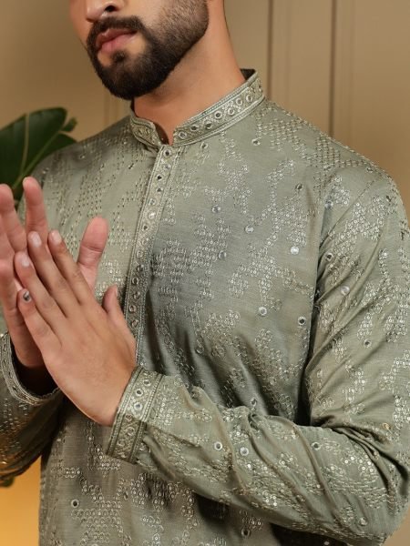 Mahendi Green Heavy Khadi Cotton Embroidered Mirror Work Kurta Pyjama Set for Men Kurta Pajama Wholesale