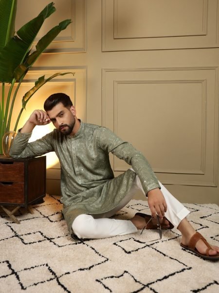 Mahendi Green Heavy Khadi Cotton Embroidered Mirror Work Kurta Pyjama Set for Men Kurta Pajama Wholesale