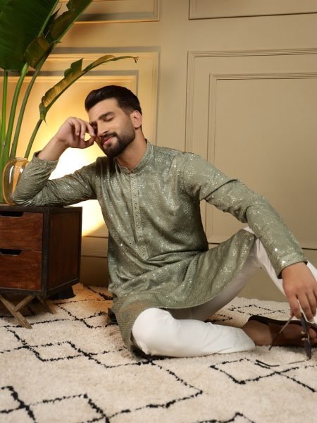 Mahendi Green Heavy Khadi Cotton Embroidered Mirror Work Kurta Pyjama Set for Men Kurta Pajama Wholesale