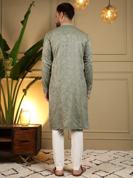 Mahendi Green Heavy Khadi Cotton Embroidered Mirror Work Kurta Pyjama Set for Men Kurta Pajama Wholesale