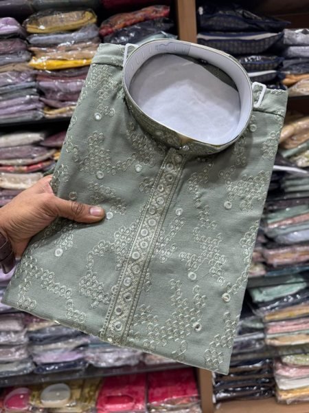 Mahendi Green Heavy Khadi Cotton Embroidered Mirror Work Kurta Pyjama Set for Men Kurta Pajama Wholesale