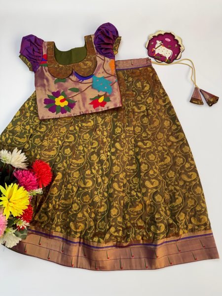 Mahendi Green Heavy Work Kids Lehenga with Blouse for Festive Functions Girls Wear