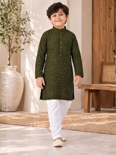 Mahendi Green Kids Rayon Embroidered Kurta with Pocket and Cotton Pant 