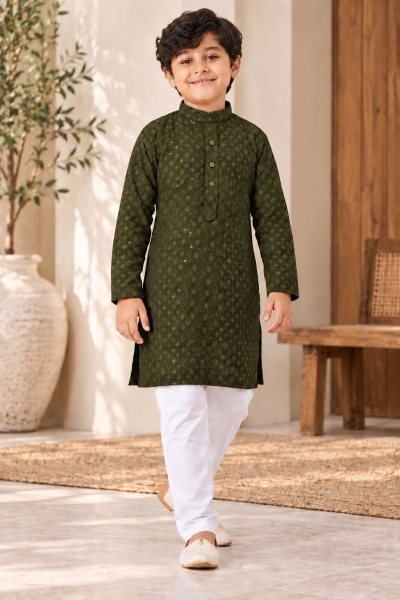 Mahendi Green Kids Rayon Embroidered Kurta with Pocket and Cotton Pant Boys Wear