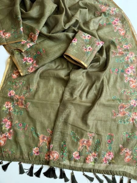 Mahendi Green Linen Printed Saree with Running Printed Blouse at Wholesale Rate Sarees 