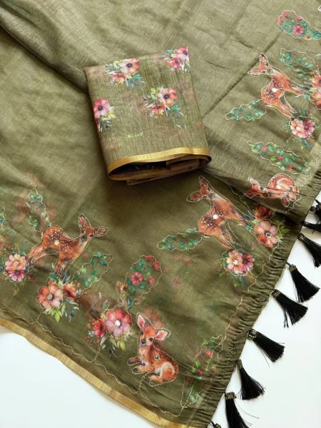 Mahendi Green Linen Printed Saree with Running Printed Blouse at Wholesale Rate Printed Cotton Sarees Wholesale