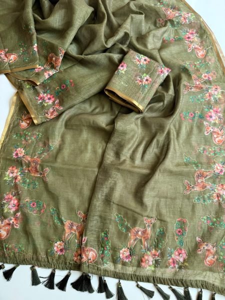 Mahendi Green Linen Printed Saree with Running Printed Blouse at Wholesale Rate Printed Cotton Sarees Wholesale