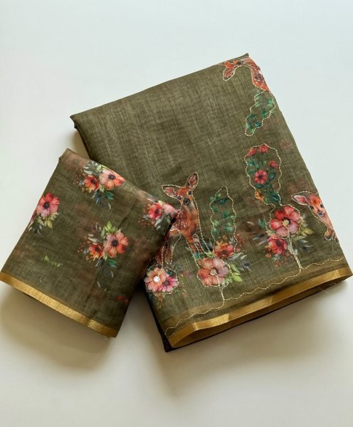 Mahendi Green Linen Printed Saree with Running Printed Blouse at Wholesale Rate Printed Cotton Sarees Wholesale