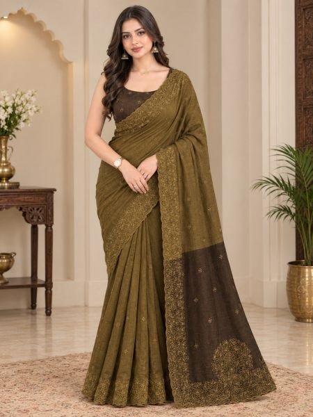 Mahendi Green  Mul Cotton Saree with Thread Embroidery and Cutwork Detailing at Wholesale Rate 