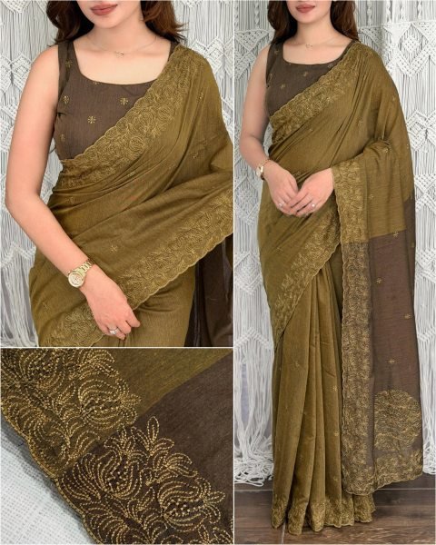 Mahendi Green  Mul Cotton Saree with Thread Embroidery and Cutwork Detailing at Wholesale Rate Cotton Sarees Wholesale