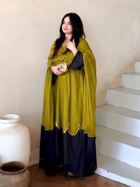 Mahendi Green Oversized Satin Rayon Kaftan with Embroidered Dupatta at Manufacturer  Ready To Wear Suit