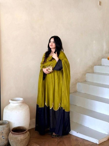 Mahendi Green Oversized Satin Rayon Kaftan with Embroidered Dupatta at Manufacturer  Ready To Wear Collection