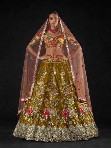 Mahendi Green Party Wear Jimmy Chu Lehenga with Embroidered Butterfly Net Dupatta 