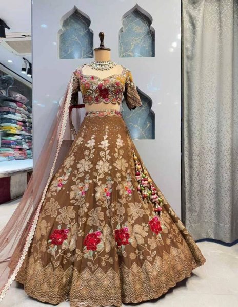 Mahendi Green Party Wear Jimmy Chu Lehenga with Embroidered Butterfly Net Dupatta Designer Lehenga Choli