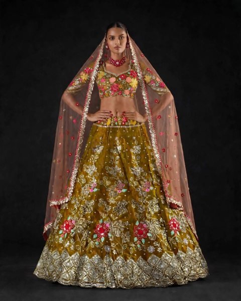 Mahendi Green Party Wear Jimmy Chu Lehenga with Embroidered Butterfly Net Dupatta Designer Lehenga Choli