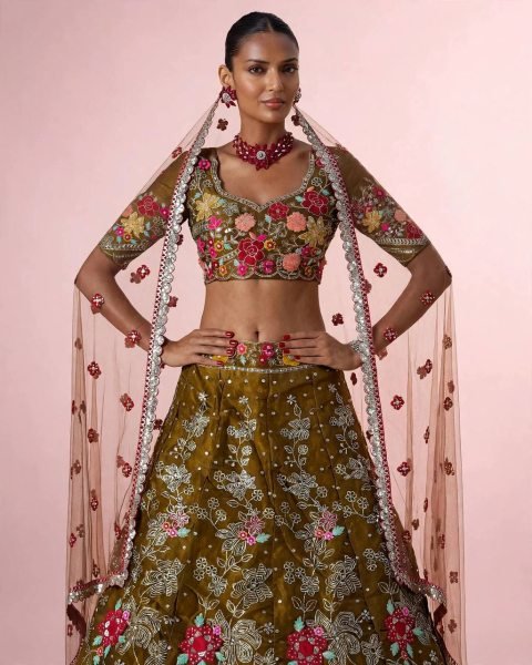 Mahendi Green Party Wear Jimmy Chu Lehenga with Embroidered Butterfly Net Dupatta Designer Lehenga Choli