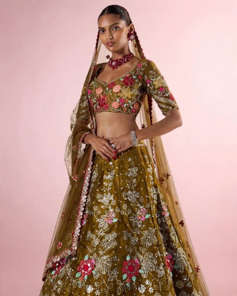 Mahendi Green Party Wear Jimmy Chu Lehenga with Embroidered Butterfly Net Dupatta Designer Lehenga Choli