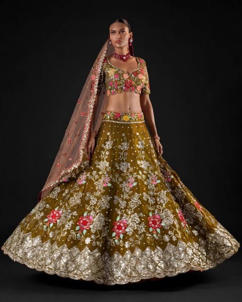 Mahendi Green Party Wear Jimmy Chu Lehenga with Embroidered Butterfly Net Dupatta Designer Lehenga Choli