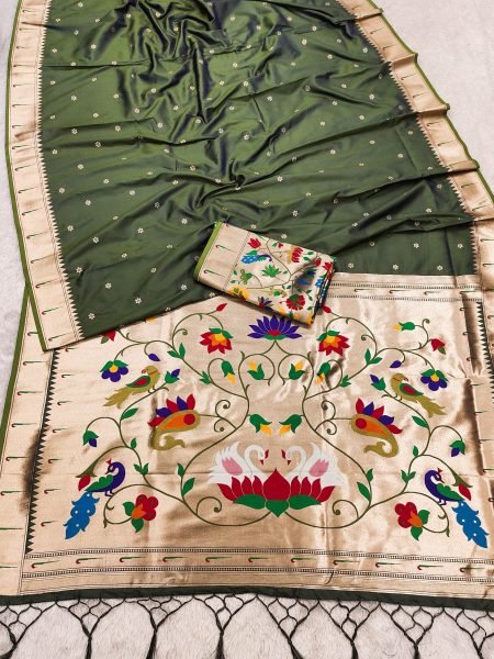 Mahendi Green Pethani Saree with Peacock, Swan and Floral Meenakari Motifs at Wholesale Silk Sarees Wholesale