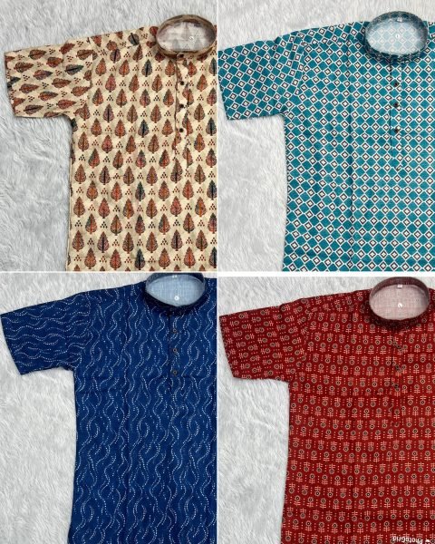 Mahendi Green Premium Cotton Printed Short Kurta Half Sleeve for Men at Wholesale Rate Mens Shirt