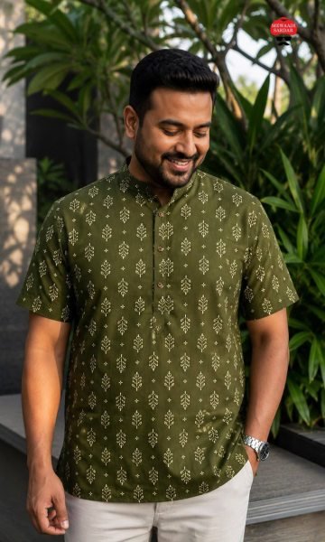 Mahendi Green Premium Cotton Printed Short Kurta Half Sleeve for Men at Wholesale Rate Mens Shirt