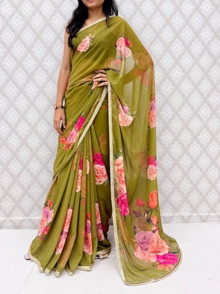 Mahendi Green Printed Saree with Golden Border for Party and Festive Look Sarees 