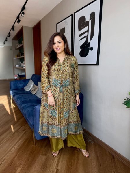 Mahendi Green Pure Natural Crepe Ajrakh Print Co Ord Set with Original Mirror Work Kurtis