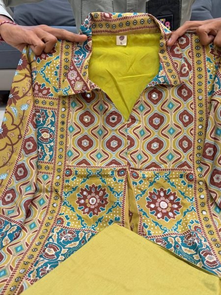 Mahendi Green Pure Natural Crepe Ajrakh Print Co Ord Set with Original Mirror Work Printed Kurtis