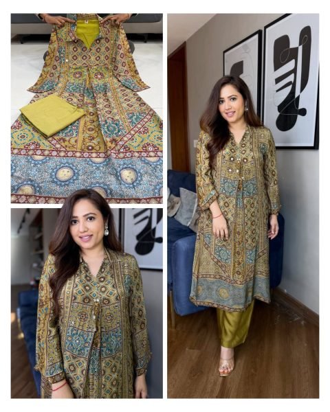 Mahendi Green Pure Natural Crepe Ajrakh Print Co Ord Set with Original Mirror Work Printed Kurtis