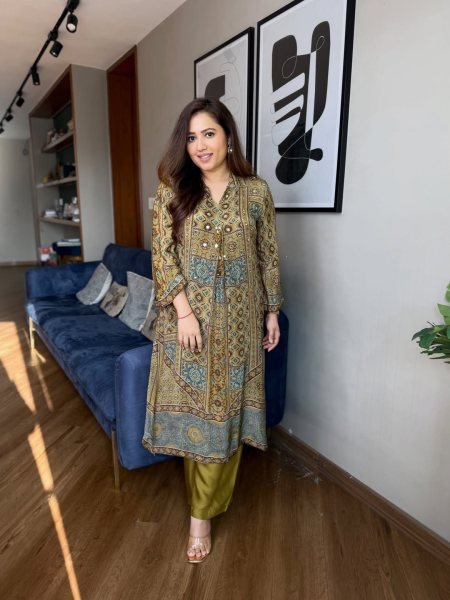 Mahendi Green Pure Natural Crepe Ajrakh Print Co Ord Set with Original Mirror Work Printed Kurtis