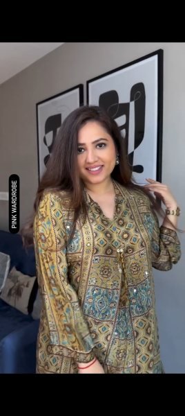 Mahendi Green Pure Natural Crepe Ajrakh Print Co Ord Set with Original Mirror Work Printed Kurtis