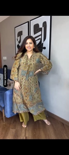 Mahendi Green Pure Natural Crepe Ajrakh Print Co Ord Set with Original Mirror Work Printed Kurtis