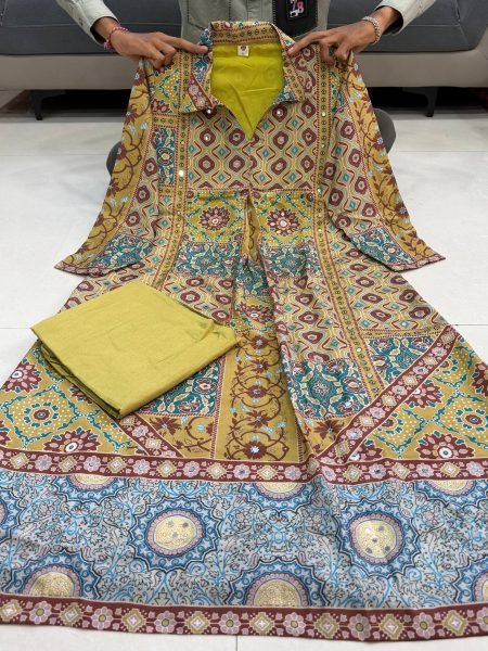 Mahendi Green Pure Natural Crepe Ajrakh Print Co Ord Set with Original Mirror Work Printed Kurtis