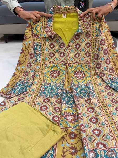 Mahendi Green Pure Natural Crepe Ajrakh Print Co Ord Set with Original Mirror Work Printed Kurtis