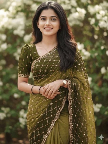 Mahendi Green Satin Saree with Heavy Work for Cocktail and Reception Events Sarees 