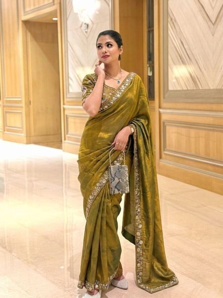 Mahendi Green Satin Silk Saree with Heavy Sequins Work at Wholesale Rate Designer Wedding Sarees Wholesale