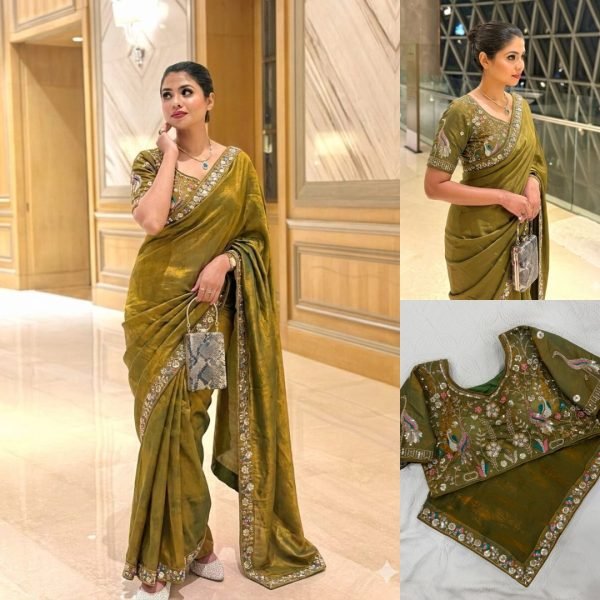 Mahendi Green Satin Silk Saree with Heavy Sequins Work at Wholesale Rate Designer Wedding Sarees Wholesale