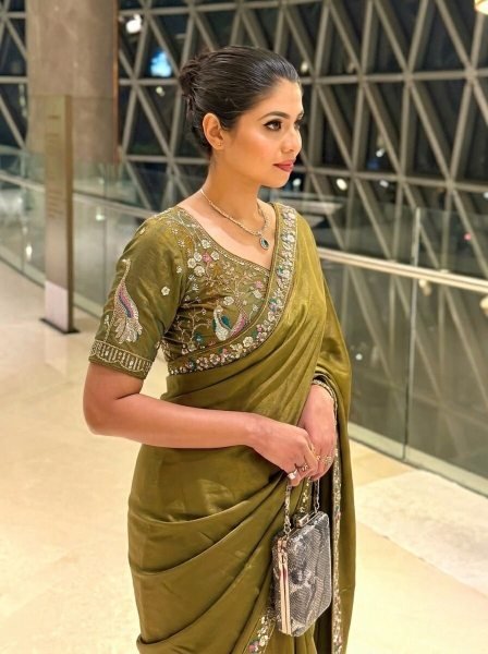 Mahendi Green Satin Silk Saree with Heavy Sequins Work at Wholesale Rate Designer Wedding Sarees Wholesale