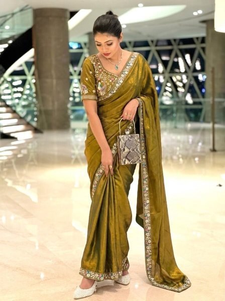 Mahendi Green Satin Silk Saree with Heavy Sequins Work at Wholesale Rate Designer Wedding Sarees Wholesale