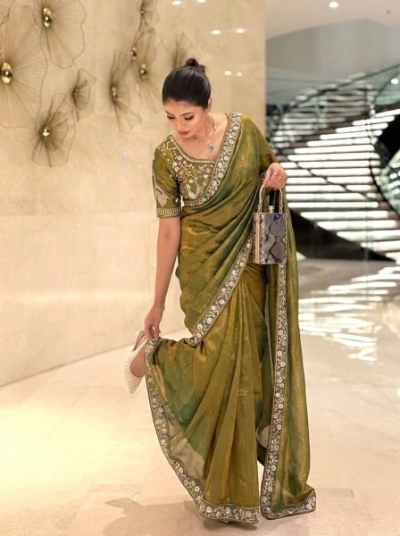 Mahendi Green Satin Silk Saree with Heavy Sequins Work at Wholesale Rate Designer Wedding Sarees Wholesale