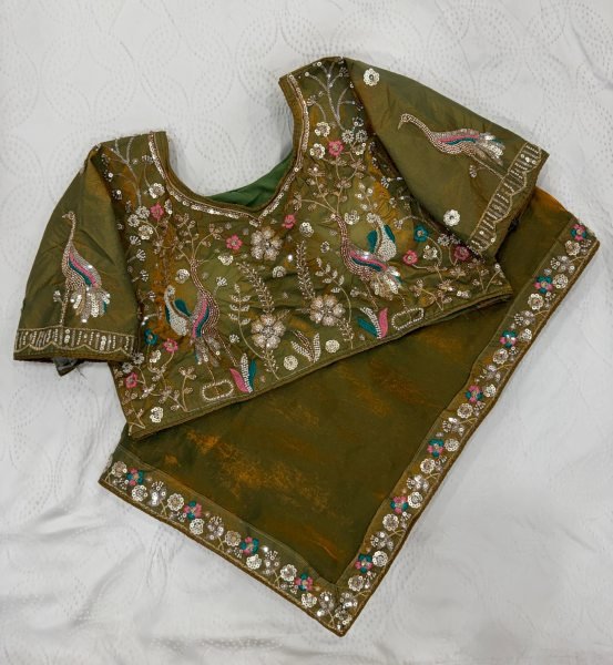 Mahendi Green Satin Silk Saree with Heavy Sequins Work at Wholesale Rate Designer Wedding Sarees Wholesale
