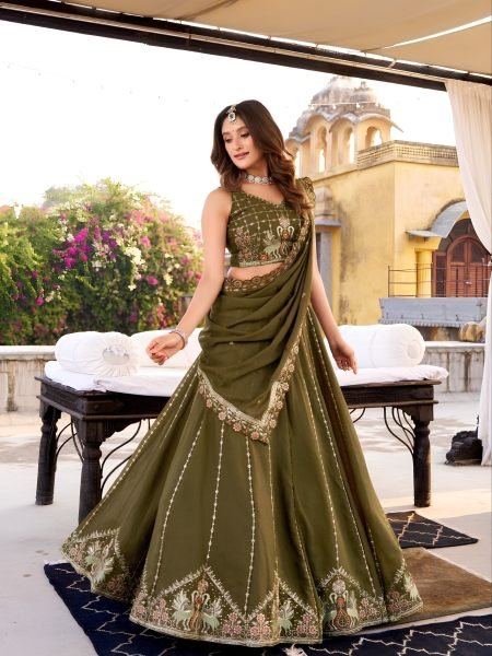 Mahendi Green Star Gorget Lehenga Choli Set with Cancan & Canvas Support at Direct Mill Price 