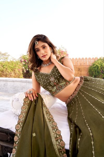Mahendi Green Star Gorget Lehenga Choli Set with Cancan & Canvas Support at Direct Mill Price Designer Lehenga Choli
